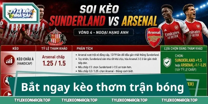 Bắt ngay kèo thơm trận bóng Sunderland vs Arsenal